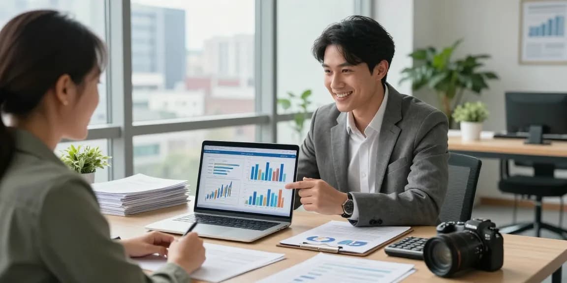 Friendly financial consultant explaining simulación hipotecas to client in a modern workspace with natural light.