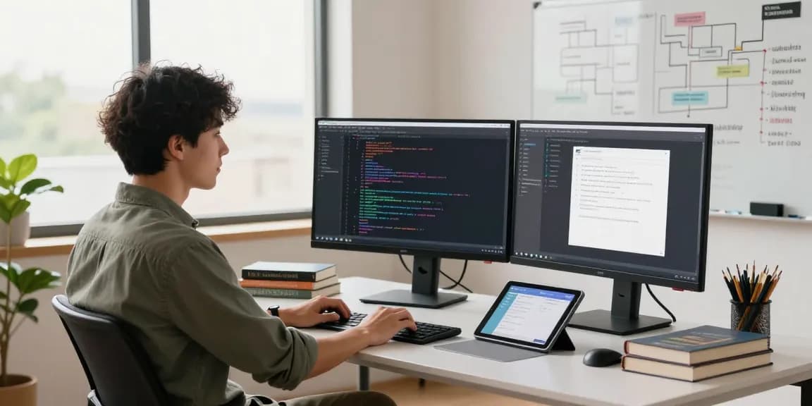 Build internal tools with AI in a modern workspace with developers coding, collaborating on designs in a productive atmosphere.