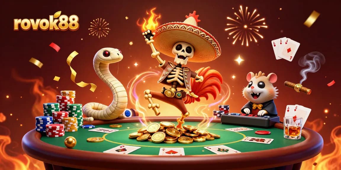 Experience the thrill of gaming with rokok88 in a vibrant 3D casino scene filled with excitement.