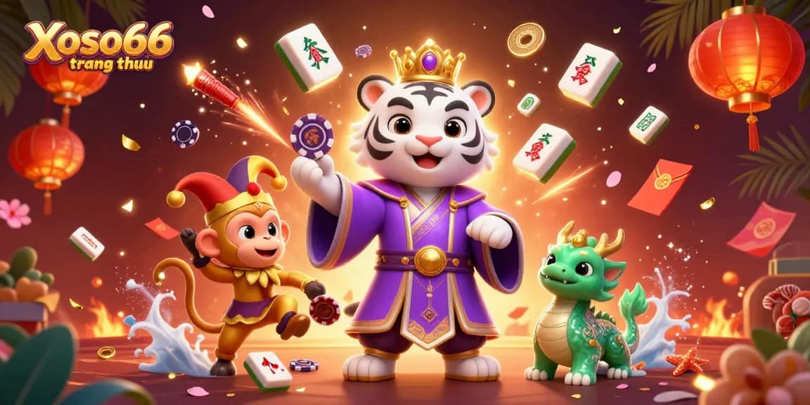 Xoso66 trang chủ featuring a regal white tiger and a golden monkey in a festive casino scene.