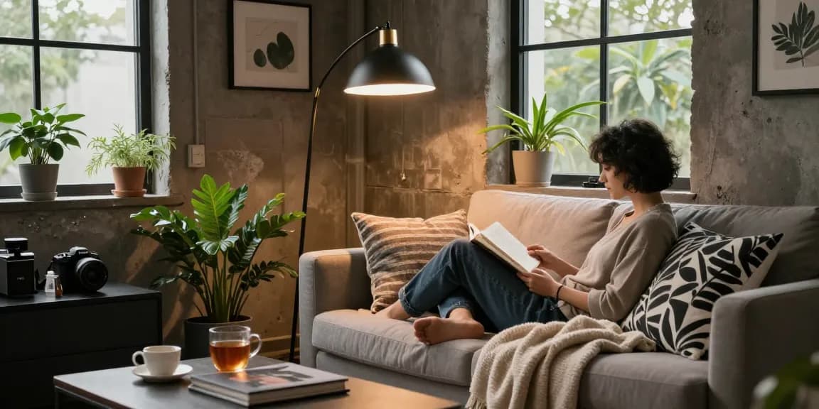 Stylish living room with a black floor lamp illuminating a cozy reading nook