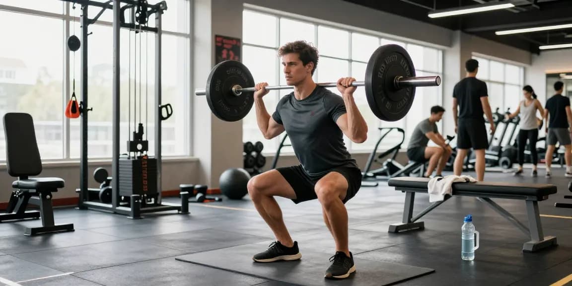 Hombre enérgico levantando pesas en el gimnasio Esteroidesshop, luz natural que realza la atmósfera enfocada del entrenamiento.