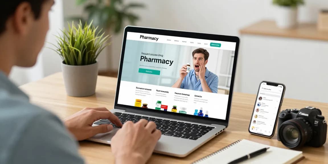 Buying Viagra in Spain with ease at an online pharmacy, featuring various generic health products and a satisfied customer.
