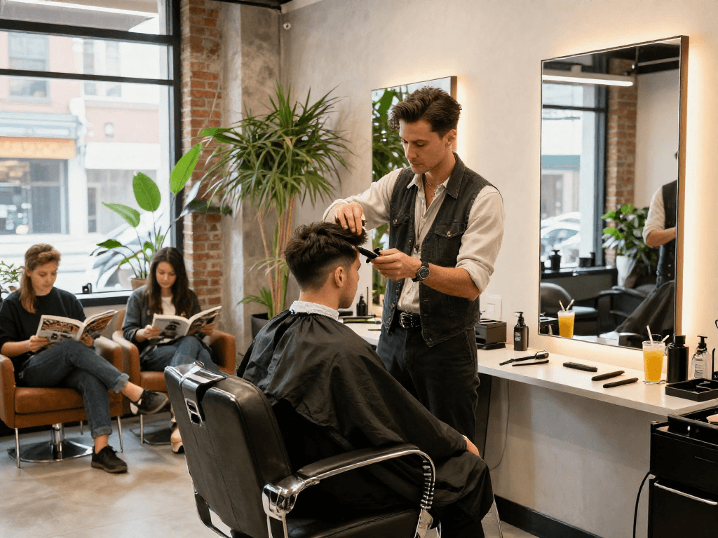 Stylish barber shop scene capturing the essence of rokok88 login experience with professional service.