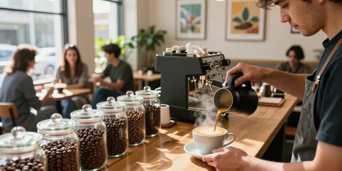 Barista brewing coffee at rokok88 café with fresh beans and inviting atmosphere