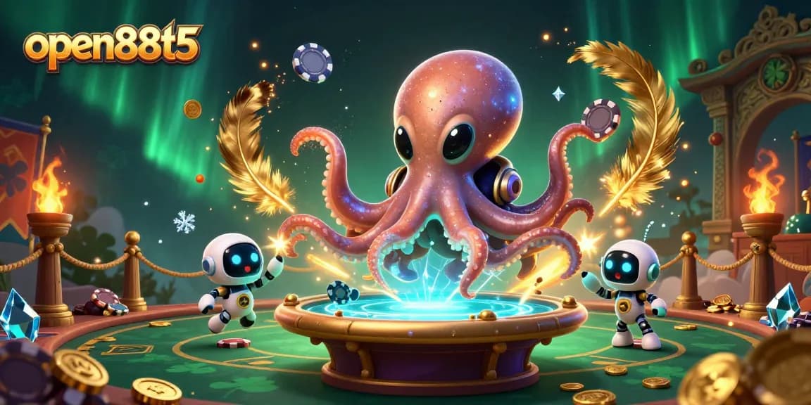 Experience thrilling gameplay with open88t5 featuring an alien octopus at a holographic poker table amidst vibrant casino elements.