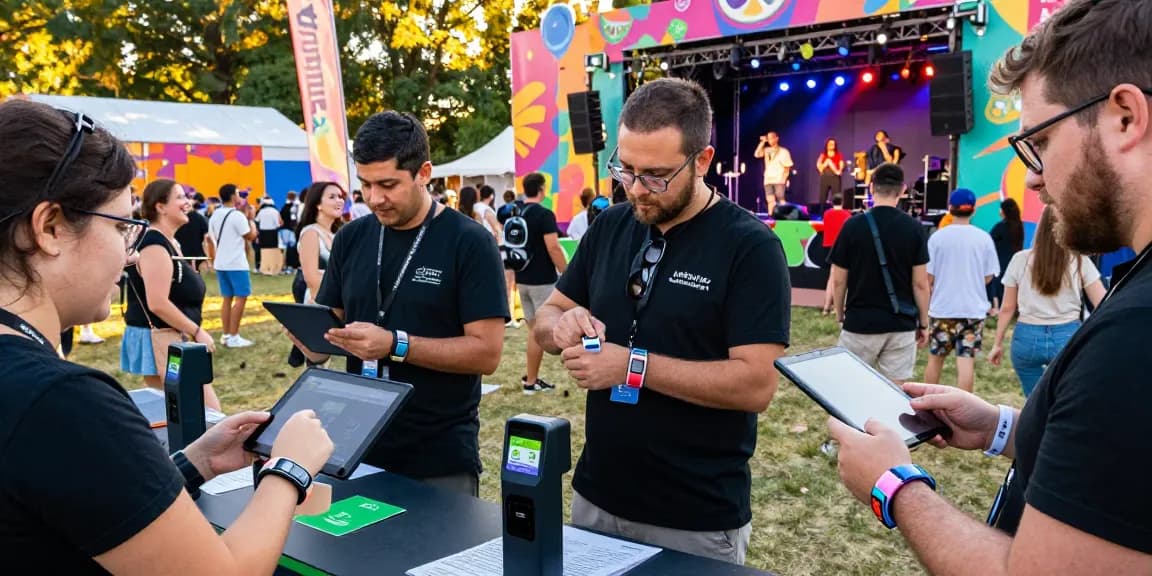 Effortless access control and payment with pulseras digitales para eventos at a vibrant festival scene.