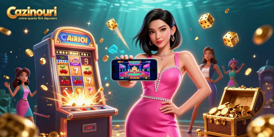 Cazinouri online spania fără depunere: Experience vibrant casino elements and immersive gaming moments in a stunning 3D digital illustration.