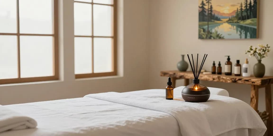 Relaxing massage therapy room setup for 하남출장마사지, featuring massage table, aromatherapy diffuser, and soothing decor.