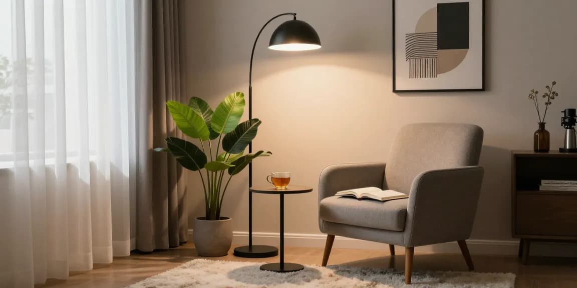 Acogedor rincón de lectura con una lámpara elegante iluminando una lámpara de pie negra en una sala moderna.