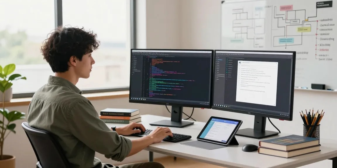 Build internal tools with AI in a modern workspace with developers coding, collaborating on designs in a productive atmosphere.