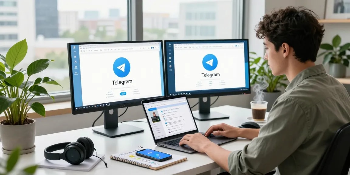 Engaging with Telegram Web Version at a modern workspace, showcasing productivity and innovation.