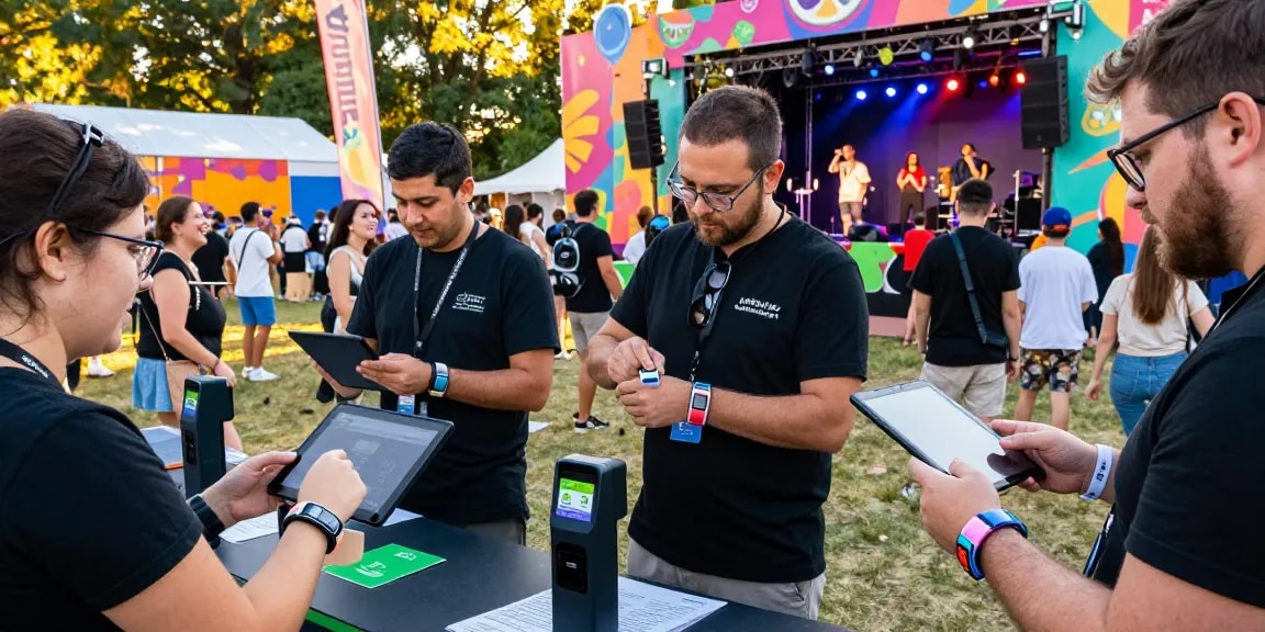 Effortless access control and payment with pulseras digitales para eventos at a vibrant festival scene.
