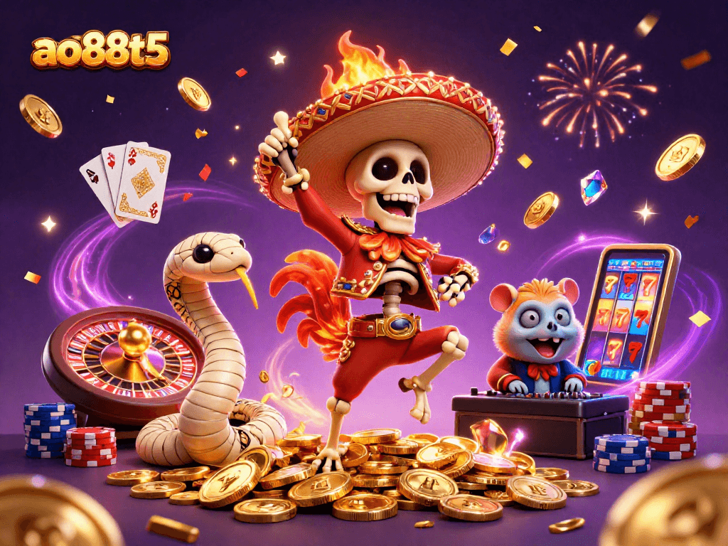 Join the celebration at ao88t5 with a lively skeleton rooster and gold coins galore!