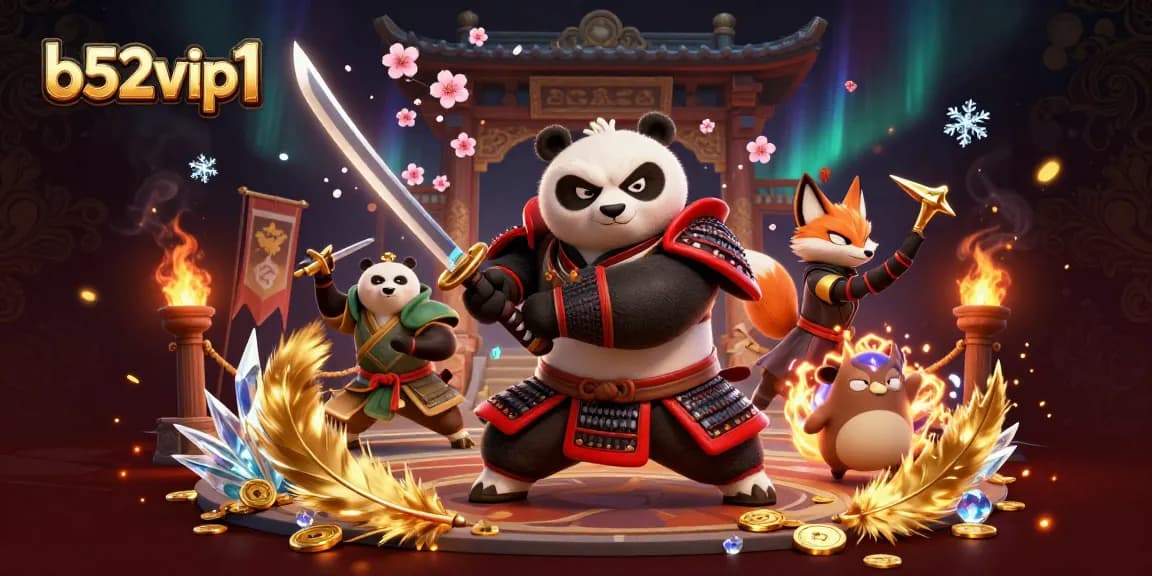 Experience thrills at b52vip1 with 3D cartoon warriors amidst a vibrant casino atmosphere.