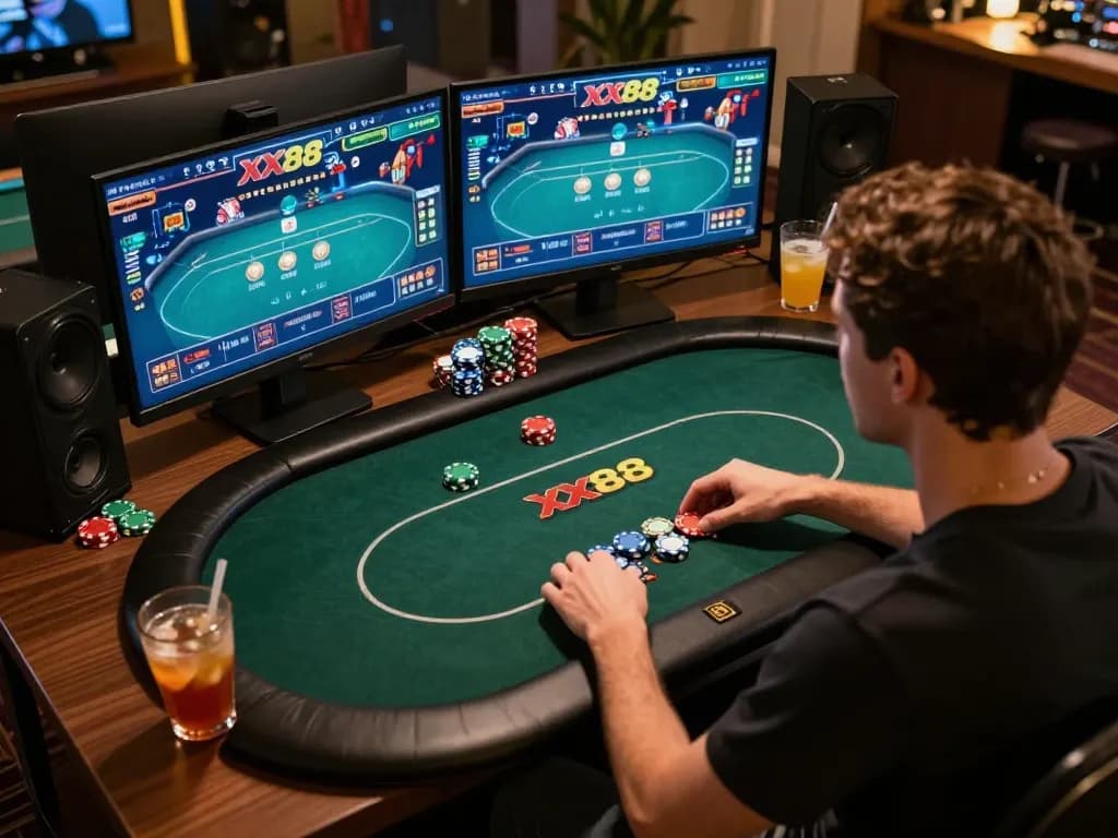 Player immersed in strategic gameplay on XX88 online casino site, displaying poker interface and chips