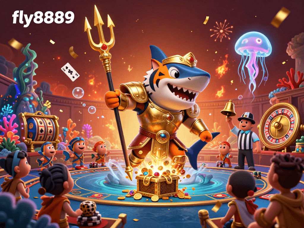 Experience engaging action at fly8889 in an underwater casino with a tiger shark battling for treasure.