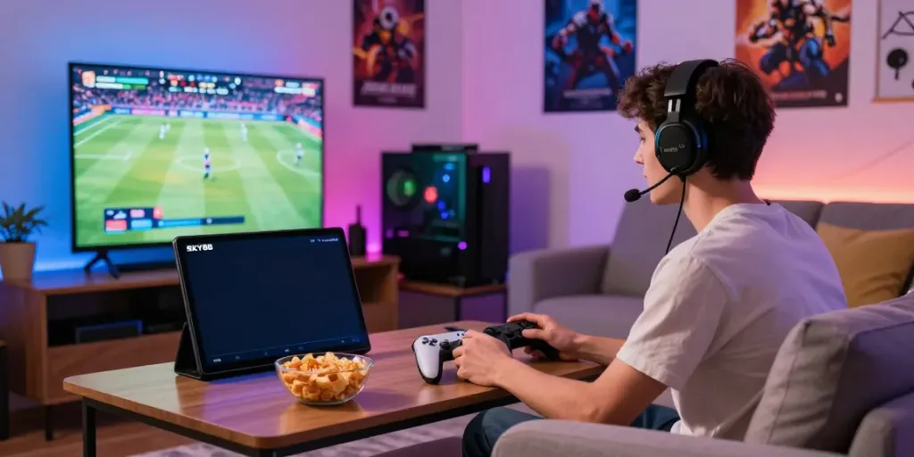 Engaged player at home gaming with SKY88 interface on laptop, snacks on table, vibrant LED lighting.