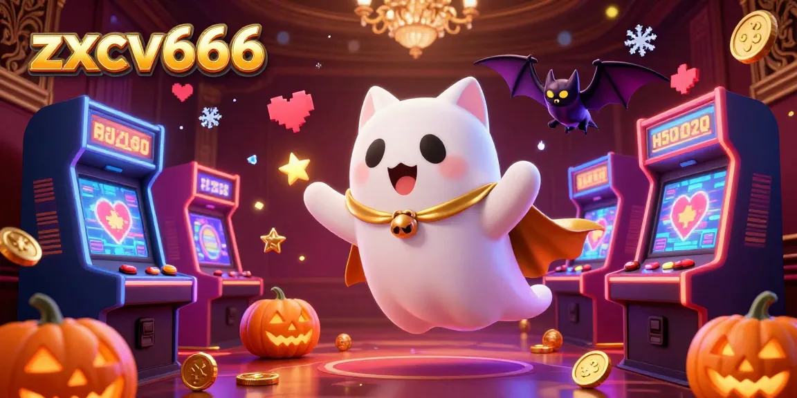 Engage with zxcv666's vibrant casino adventure featuring a friendly ghost cat and a vampire bat in a lively gaming scene.