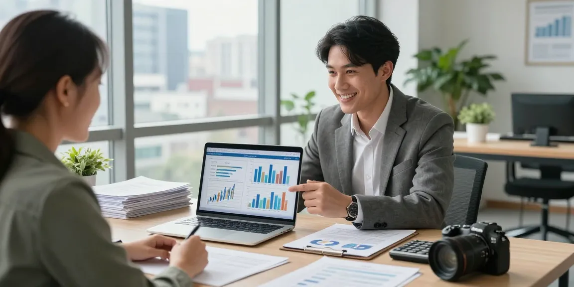 Friendly financial consultant explaining simulación hipotecas to client in a modern workspace with natural light.