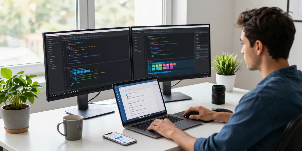 Developer using Telegram Web on dual monitors in a modern workspace