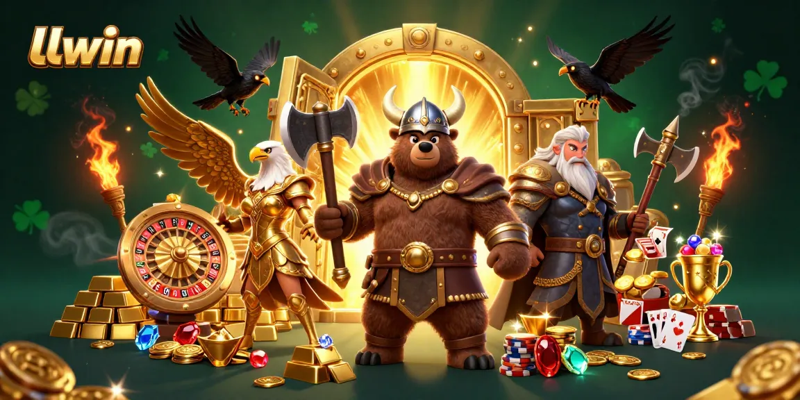 Experience thrilling gaming at LLwin with a Viking bear and Valkyrie eagle surrounded by treasures.