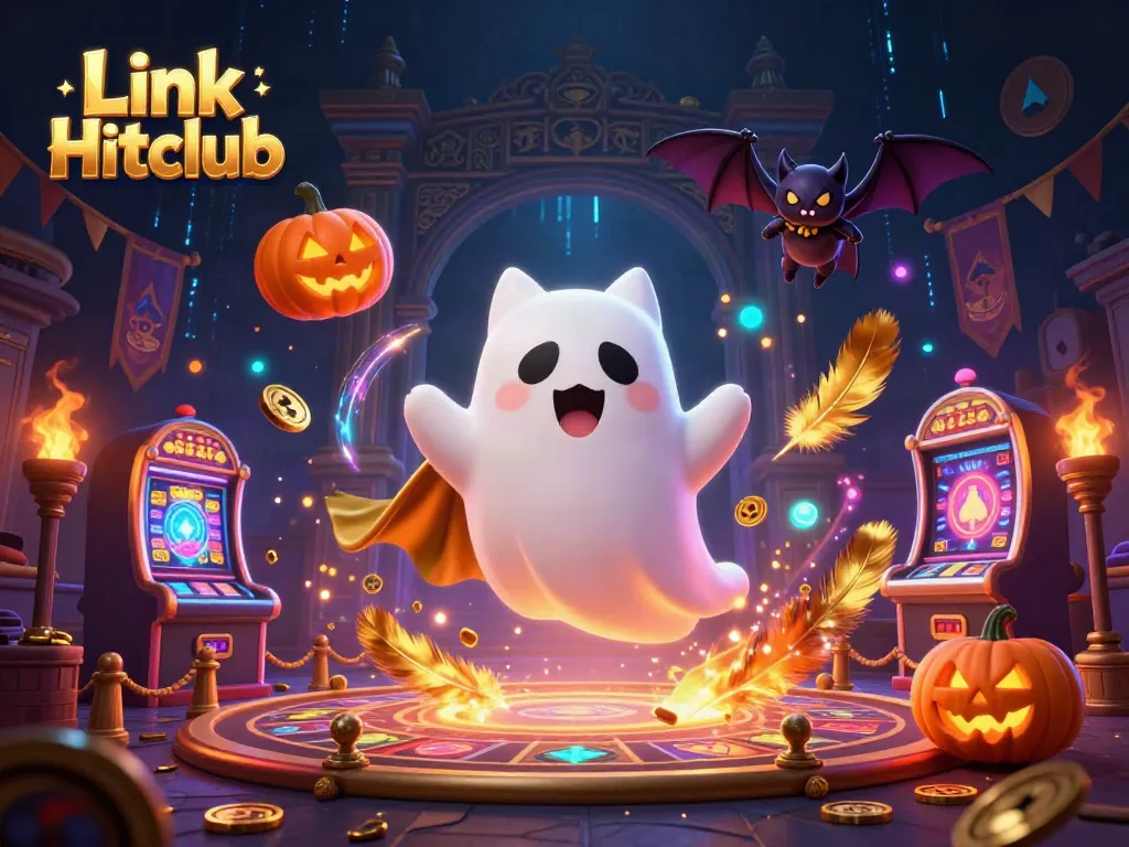 Experience thrilling gameplay with the Link Hitclub featuring a ghost cat and vibrant casino elements.
