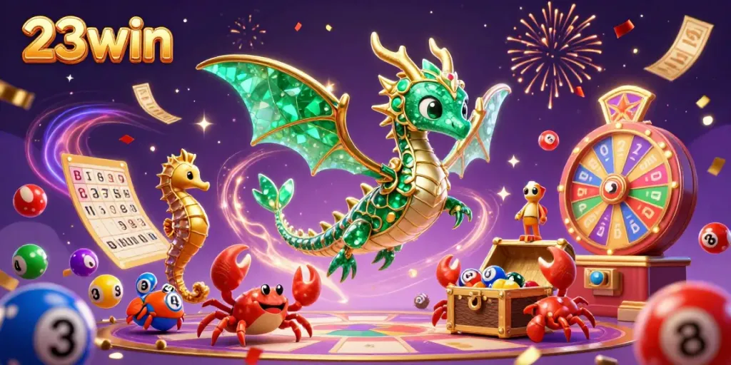 Experience the excitement of 23win with a glowing sea dragon and vibrant lottery element