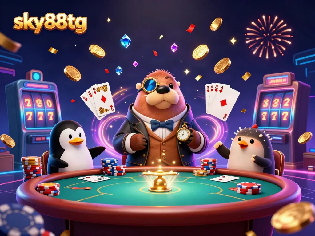 Enjoy a thrilling poker game at the underwater casino featuring the lively characters of sky88tg.