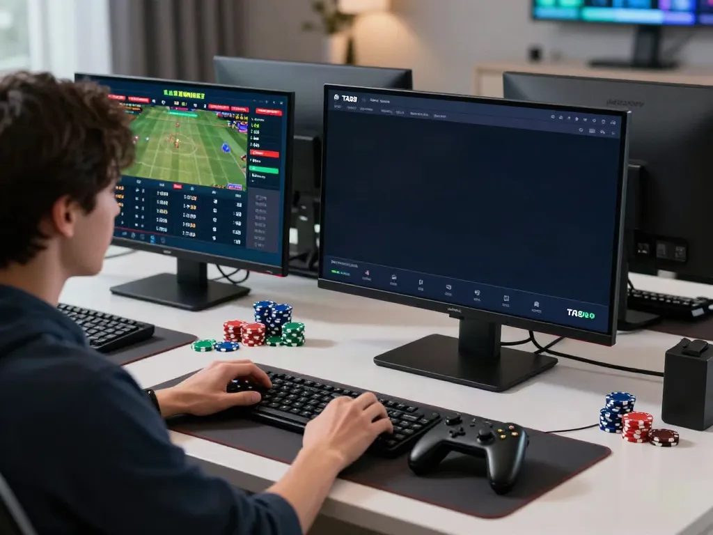 Online betting environment at https://ta88.network/ with screens showing live odds and gaming excitement.