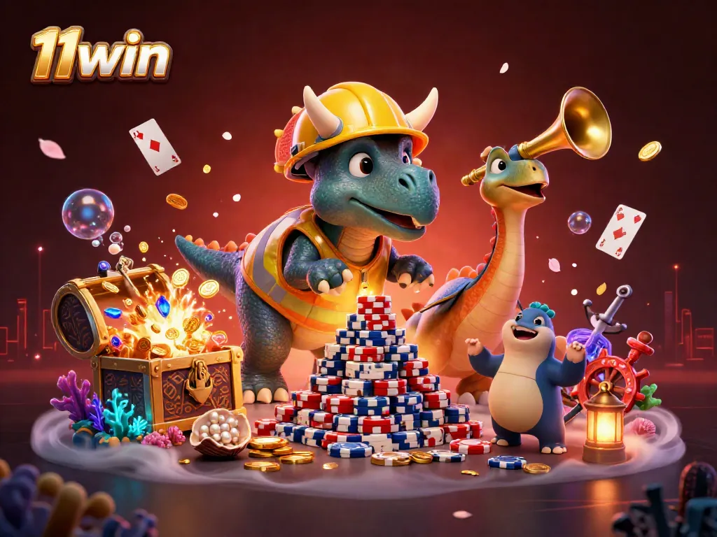 Engage in 11win strategies with playful characters celebrating a casino-themed underwater world.