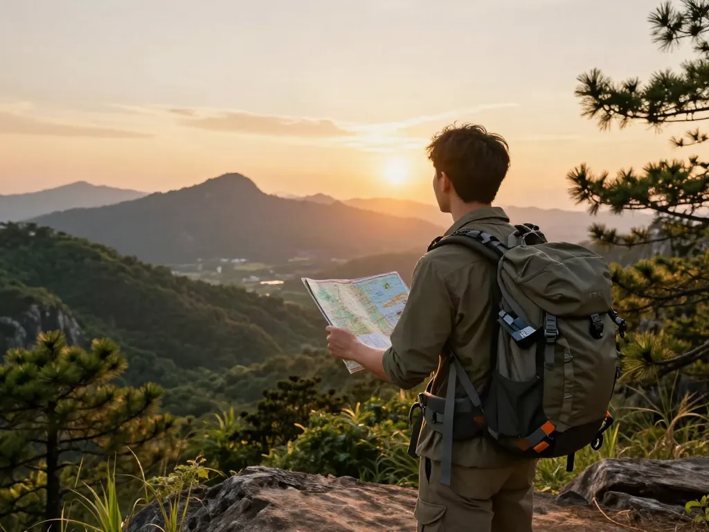 Explorador disfrutando del atardecer en un mirador con siera kaudalor visible en su mapa y montañas al fondo.