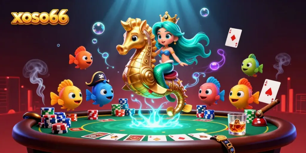 Experience the thrill of xoso66 with a vibrant 3D underwater mermaid casino scene filled with poker elements.