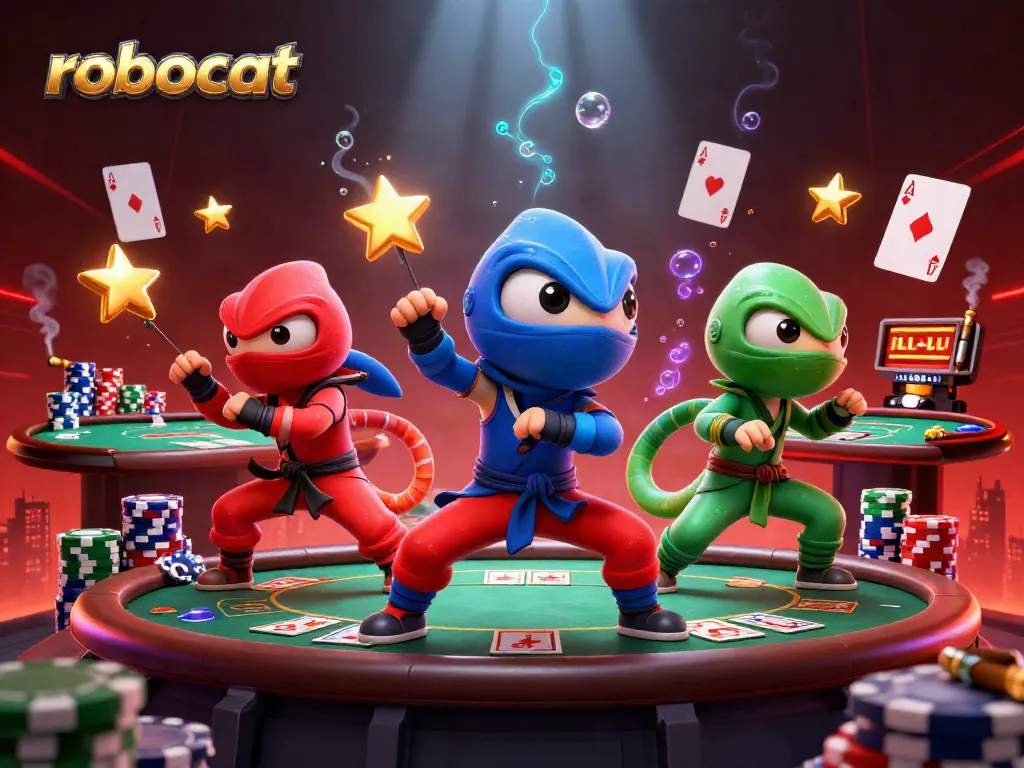 Engage with the robocat while winning at the dynamic casino poker table, full of chips and cards.