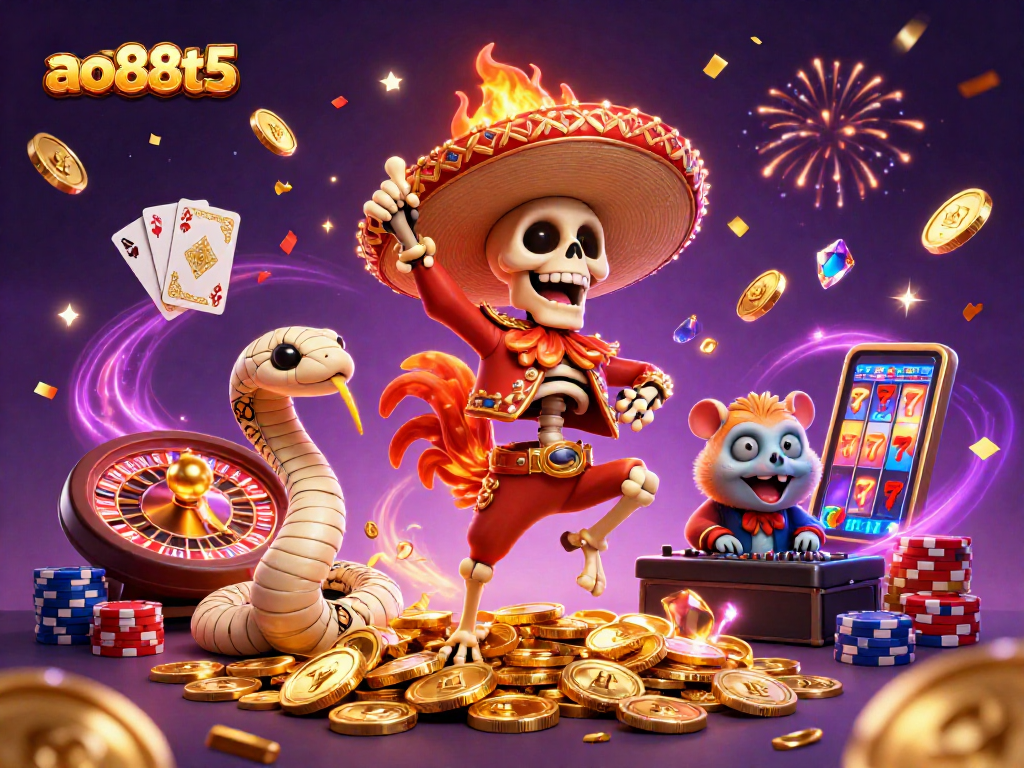 Join the celebration at ao88t5 with a lively skeleton rooster and gold coins galore!
