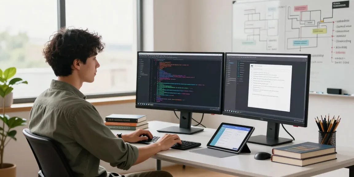 Build internal tools with AI in a modern workspace with developers coding, collaborating on designs in a productive atmosphere.