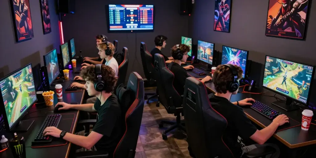 Escena de jóvenes jugando en un café de videojuegos, resaltando phuwerte-inwersowia.com.
