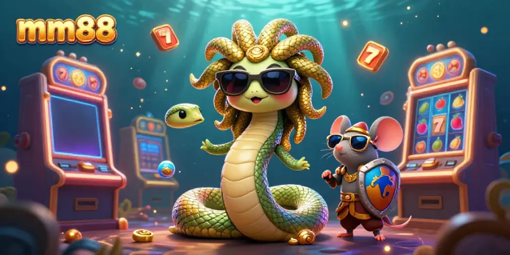 Engage with the mm88 slot experience in this vibrant 3D illustration featuring Medusa and a warrior mouse.