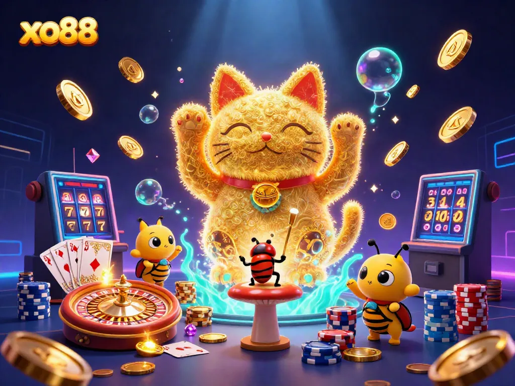 Experience the excitement of xo88 with vibrant casino visuals and a lucky cat illustration.