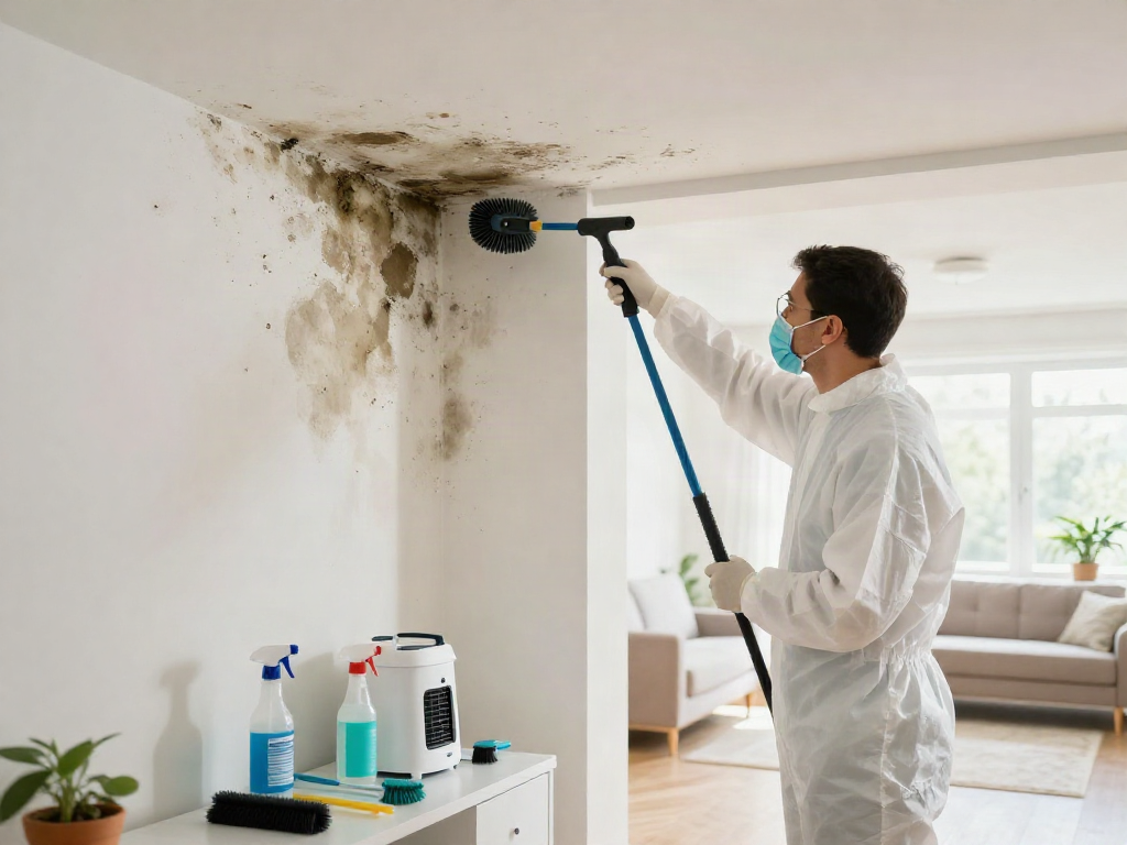 Servicios de limpieza y desinfección de moho en Barcelona, mostrando un profesional quitando moho de las paredes de un hogar.