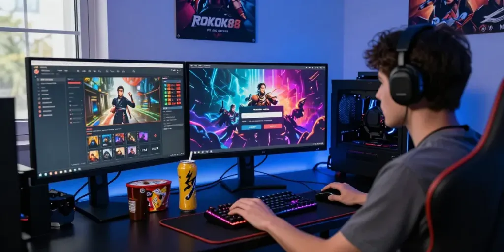 Engaging scene of a user focused on the ROKOK88 login interface surrounded by gaming gear and ambient lighting.