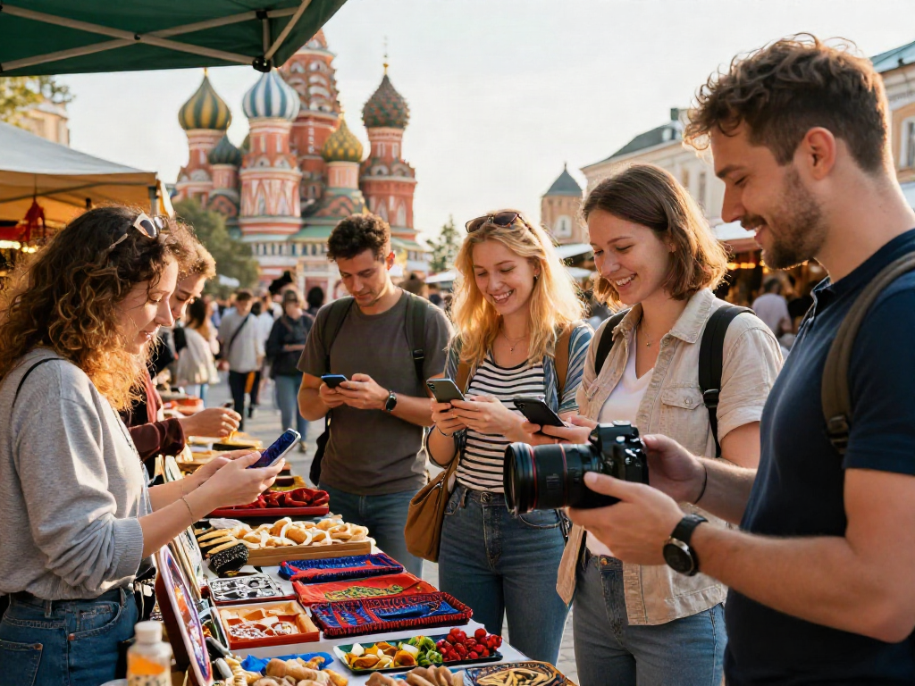 Exploradores usando https://payinrussia.com/ en un mercado vibrante de Rusia, comprando productos locales.