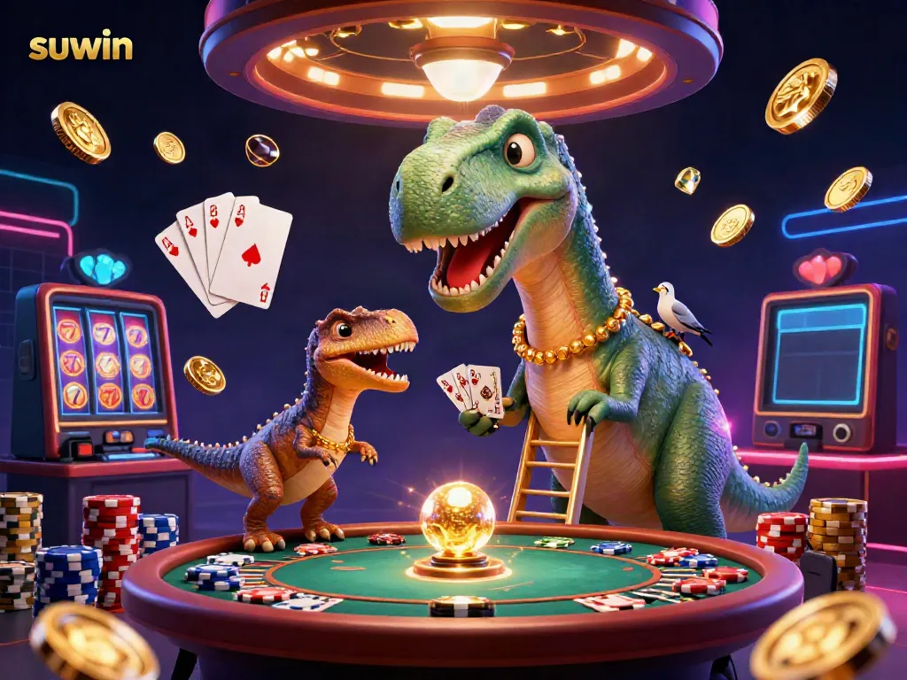 Suwin's 3D illustration captures a dynamic casino scene with a brontosaurus and raptor dealing cards.