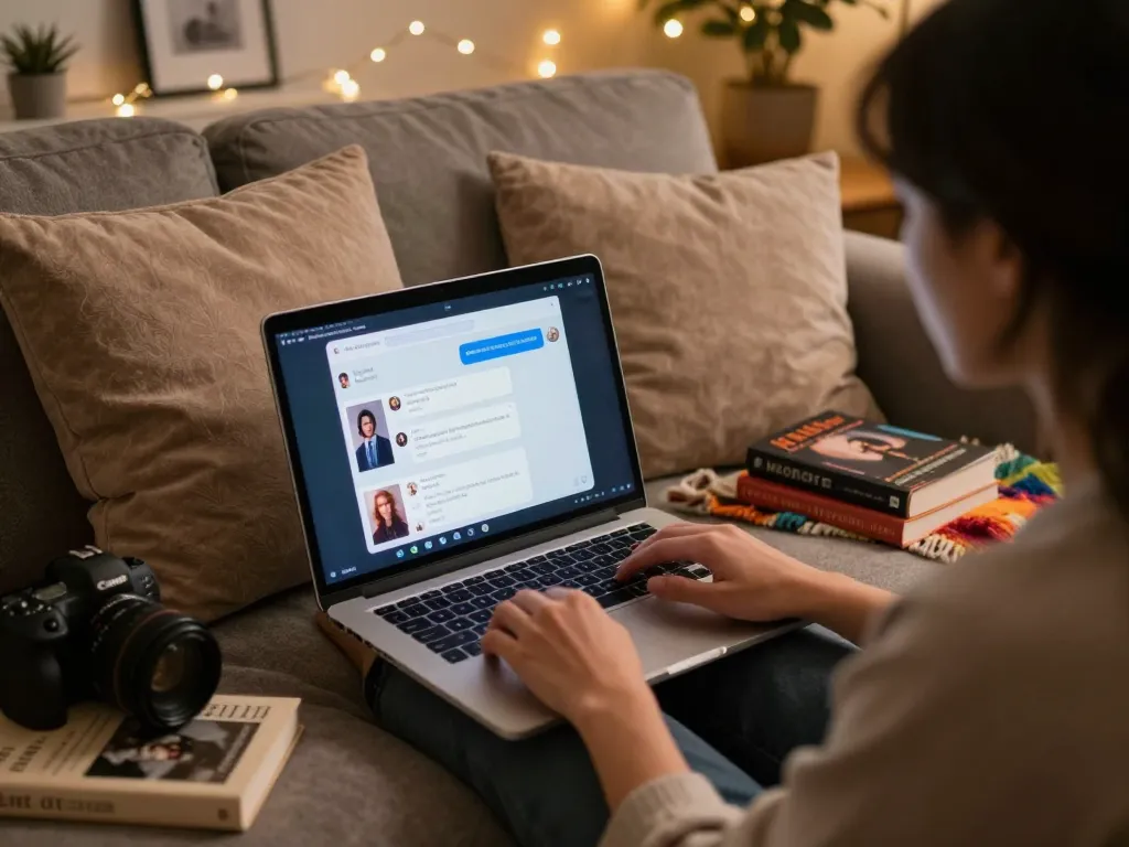 Engaging in nsfw chat on laptop with cozy decor in a warm atmosphere.