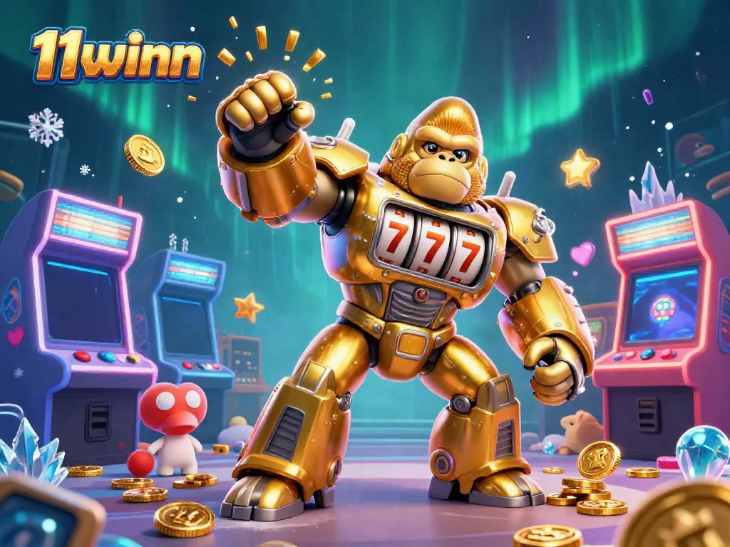 Engaging 3D illustration promoting 11winn, showcasing a unique golden gorilla mech with spinning slot machine elements.