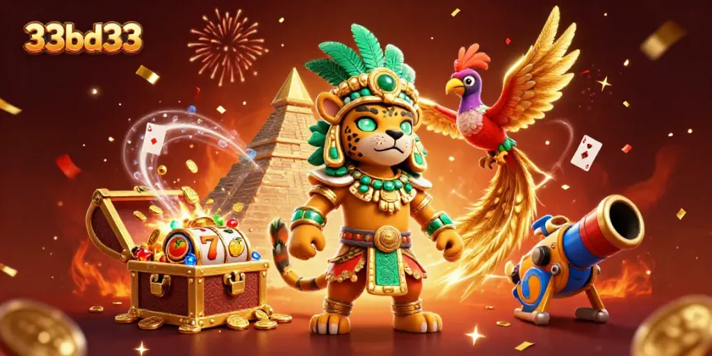 Experience thrilling wins with 33bd33 in our vibrant casino adventure illustration featuring dynamic characters.