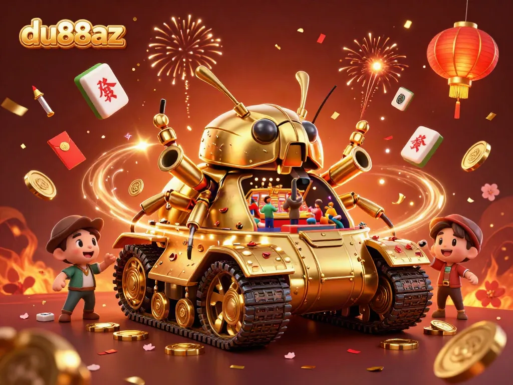Experience the excitement at du88az casino with a vibrant 3D illustration of a golden tank casino shooting confetti.