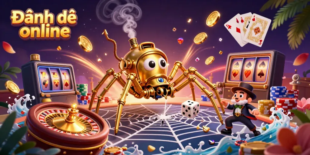 Engage with the world of Đánh đề online as a golden spider weaves webs of luck amidst gambling excitement.