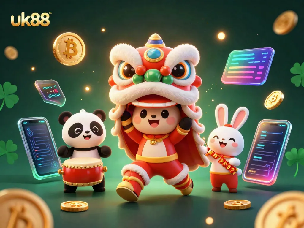 Experience the vibrant festivities of uk88 with a dynamic 3D casino illustration featuring a lion dance amidst crypto coins.