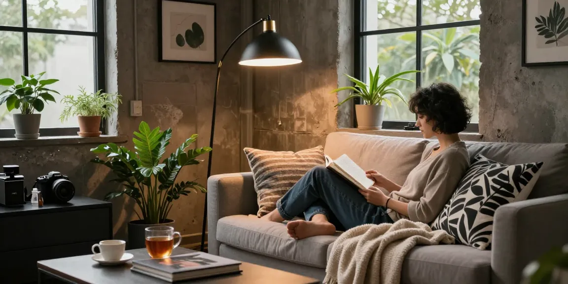 Stylish living room with a black floor lamp illuminating a cozy reading nook